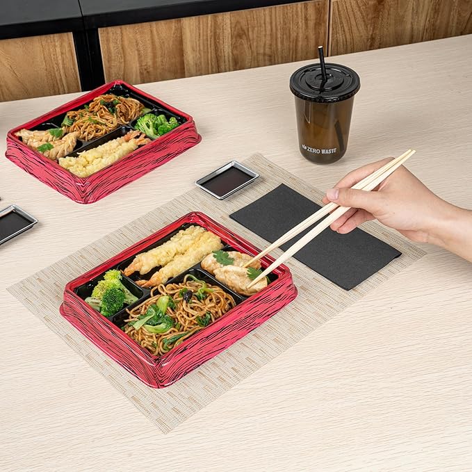 Restaurantware Bento Tek 15.2 Ounce Meal Prep Containers, 100 Disposable To Go Food Boxes - Lids Sold Separately, 4 Compartments, Red And Black Plastic Bento Lunch Boxes, Freezable, For Take Out