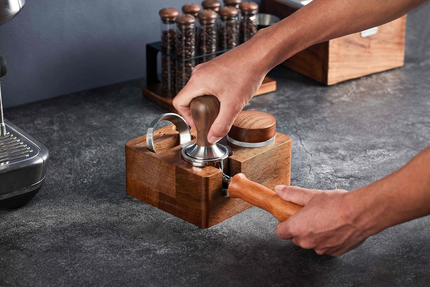 54mm distributor called Adjustable Depth espresso leveler Compatible with Breville Machine Accessories The coffee leveler Made of Stainless Steel and Walnut wood