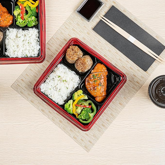 Restaurantware-Bento Tek 17.9 Ounce Meal Prep Containers, 100 Disposable To Go Food Boxes - Lids Sold Separately, 4 Compartments, Red And Black Plastic Bento Lunch Boxes, Freezable, For Take Out