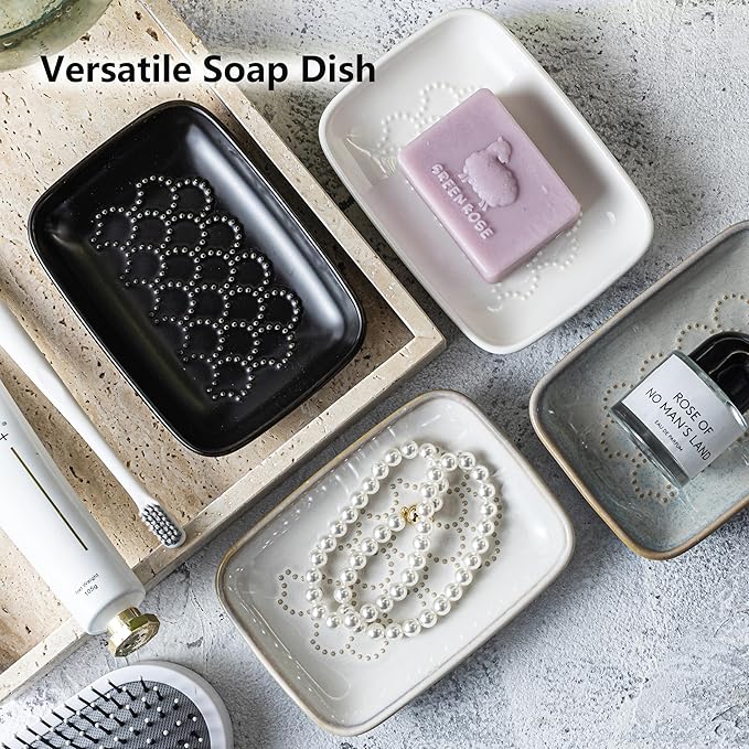 Gomakren Soap Dish for Shower, Ceramic Soap Dishes for Bar Soap Sponge, Shower Soap Holder Saver Tray for Bathroom Kitchen Sink, Easy to Clean, White