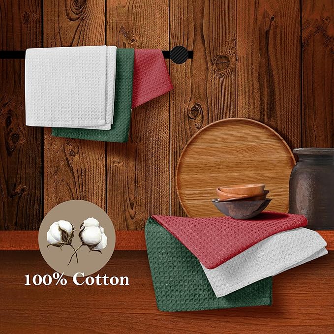 Waffle Dishcloths, 12x12 Inch, Soft, Absorbent, Cotton, Reusable, Quick Drying, Machine Washable, Ideal for Drying Dishes, Cleaning, Multipurpose Use, 12 Pack, Olive Green, White, Red