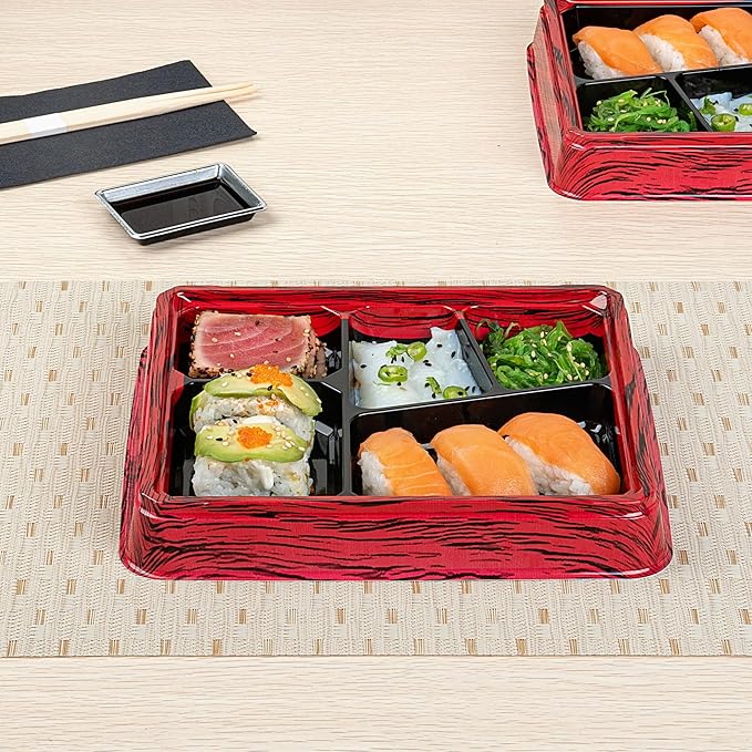 Restaurantware-Bento Tek 18.3 Ounce Meal Prep Containers, 50 Disposable To Go Food Boxes - Lids Sold Separately, 5 Compartments, Red And Black Plastic Bento Lunch Boxes, Freezable, For Take Out