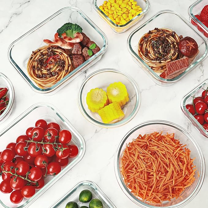 12 Pack Glass Food Storage Containers Set, Glass Meal Prep Containers with Lids, Airtight Lunch Containers, Dishwasher Safe, blue