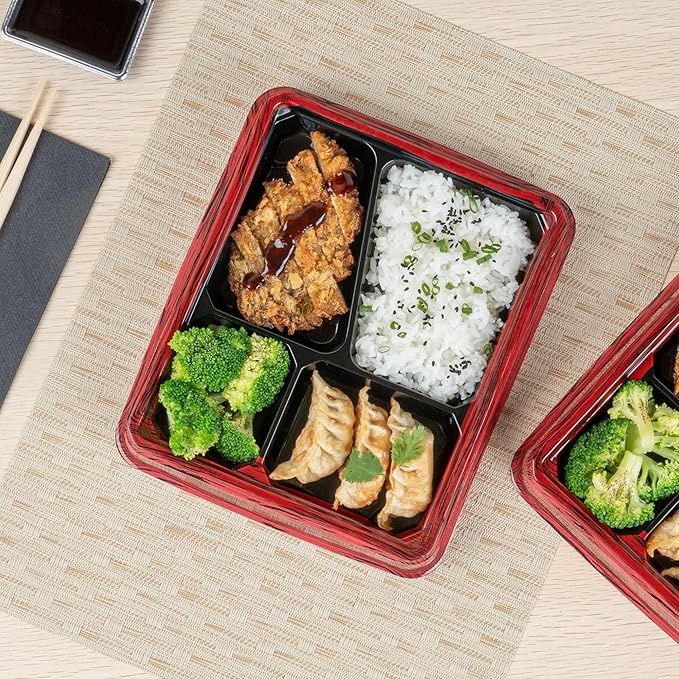 Restaurantware-Bento Tek 18.6 Ounce Meal Prep Containers, 100 Disposable To Go Food Boxes - Lids Sold Separately, 4 Compartments, Red And Black Plastic Bento Lunch Boxes, Freezable, For Take Out