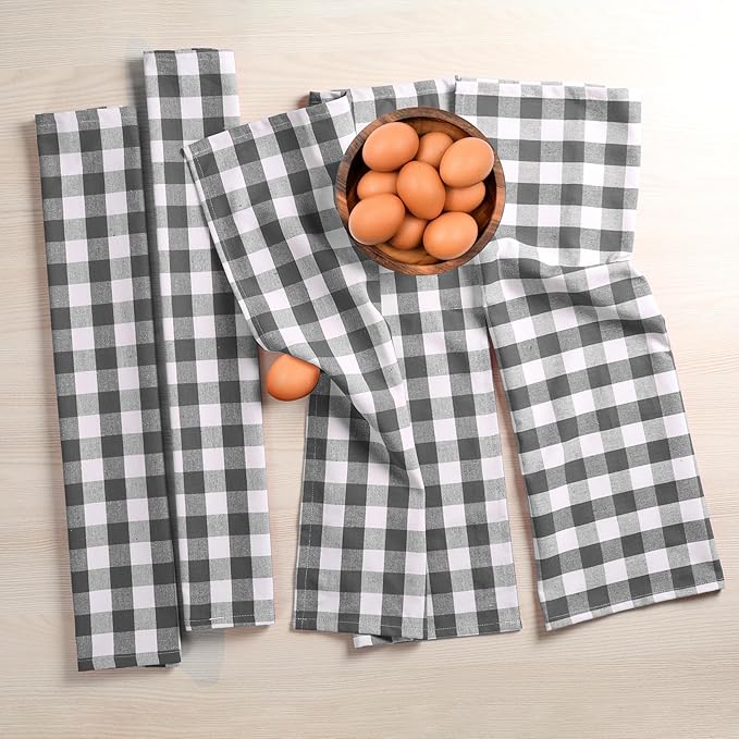 Grey Gingham Kitchen Towels, 18x26 Inches, Soft, Absorbent, Quick Drying, 100% Cotton, Washable & Reusable, Premium Quality Checkered Towels for Drying Dishes, Multipurpose Cleaning