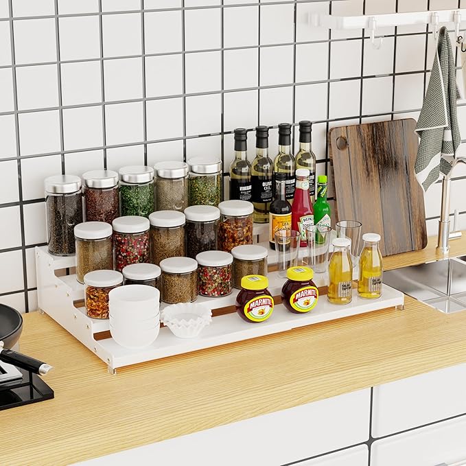 Expandable 4-Tier Step Spice Rack Organizer for Kitchen Cabinet Modern Design and Non Skid Space Saving Storage Shelf for Countertop Cabinets Pantry(2Packs/White)