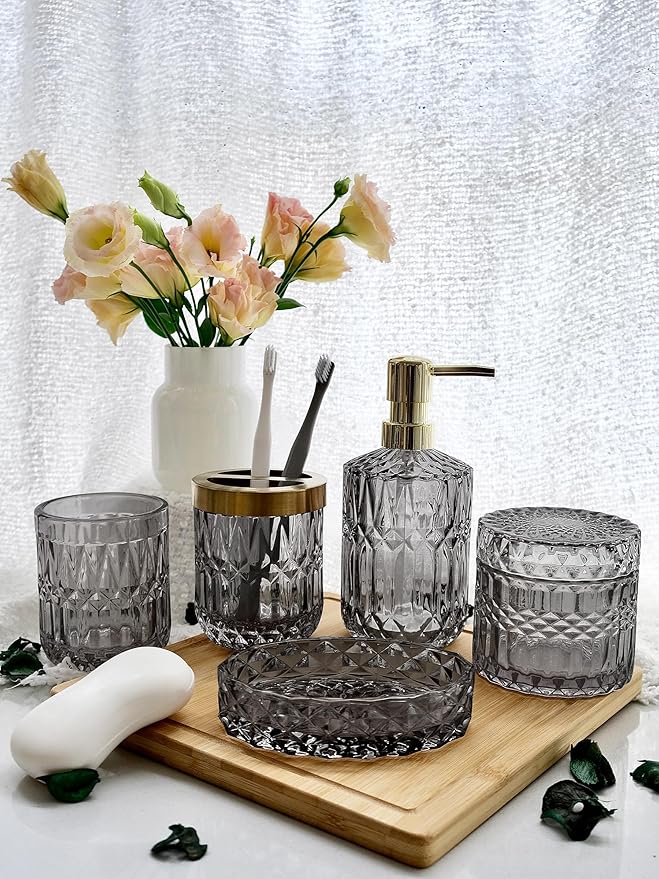 Gray Bathroom Accessories Set, 5Pcs Clear Glass Bathroom Set, Soap Dispenser, Soap Dish, Toothbrush Holder, Cotton Swab Jar, Black and Gold Accent for Crystal Vintage Bathroom Decor