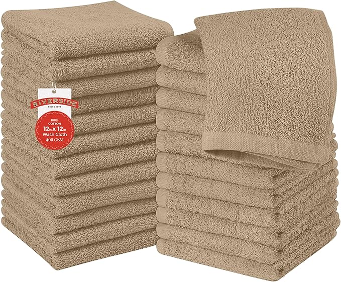 RIVERSIDE 24 Pack Washcloths Set - 100% Cotton [12x12 Inches] - Soft, Quick-Dry & Highly Absorbent Face Towels - Perfect for Bathroom, Gym, Hotel, Spa & Travel - Tan