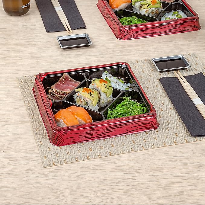 Restaurantware Bento Tek 18.6 Ounce Meal Prep Containers, 100 Disposable To Go Food Boxes - Lids Sold Separately, 5 Compartments, Red And Black Plastic Bento Lunch Boxes, Freezable, For Take Out