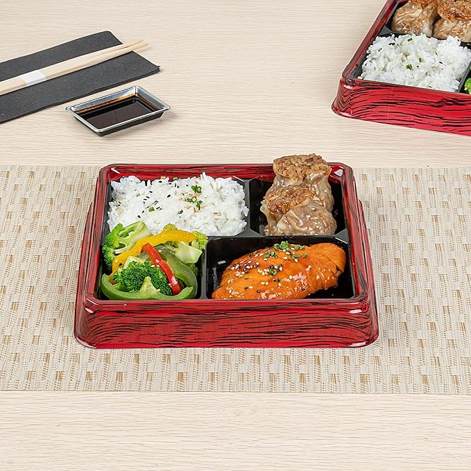 Restaurantware-Bento Tek 17.9 Ounce Meal Prep Containers, 100 Disposable To Go Food Boxes - Lids Sold Separately, 4 Compartments, Red And Black Plastic Bento Lunch Boxes, Freezable, For Take Out