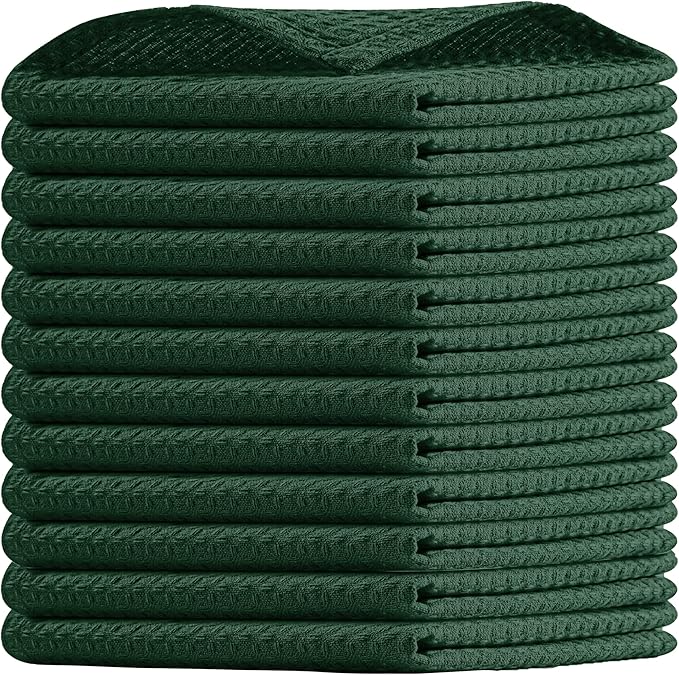 Olive Green Waffle Dishcloths, 12"x12", Durable, Soft, Absorbent, 100% Cotton, Quick Drying, Reusable, Machine Washable, Ideal for Cleaning, Multipurpose Towels, Set of 12