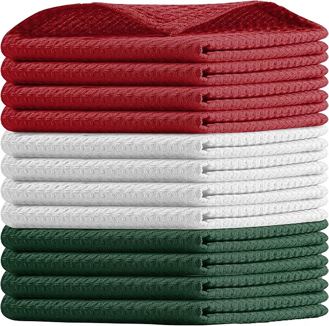 Waffle Dishcloths, 12x12 Inch, Soft, Absorbent, Cotton, Reusable, Quick Drying, Machine Washable, Ideal for Drying Dishes, Cleaning, Multipurpose Use, 12 Pack, Olive Green, White, Red
