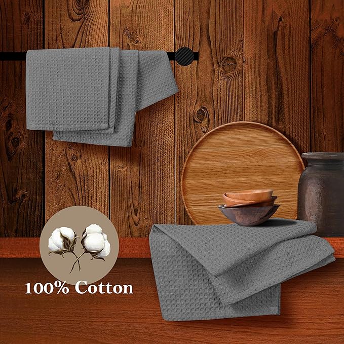Grey Waffle Dishcloths, 12x12 Inch, Soft, Absorbent, 100% Cotton, Durable, Washable, and Quick Drying, Ideal for Kitchen Cleaning, Multipurpose Dish Towels, Set of 12