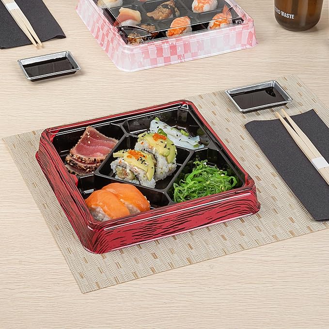 Restaurantware Bento Tek 18.6 Ounce Meal Prep Containers, 100 Disposable To Go Food Boxes - Lids Sold Separately, 5 Compartments, Red And Black Plastic Bento Lunch Boxes, Freezable, For Take Out