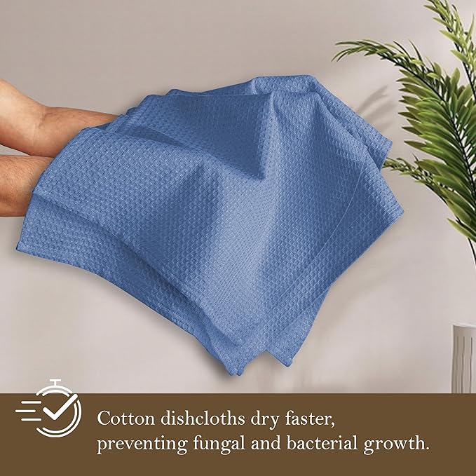 Sky Blue Waffle Dishcloths, 12x12 Inch, Absorbent, Durable, 100% Cotton, Soft, Quick Drying, Machine Washable, Perfect for Drying Dishes, Multipurpose Towels, Everyday Use, 12 Pack