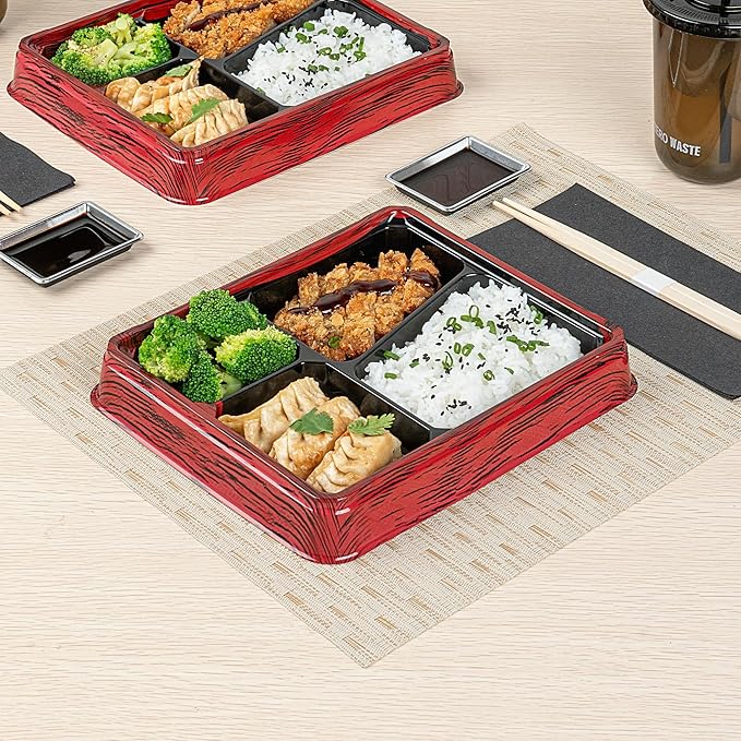 Restaurantware-Bento Tek 18.6 Ounce Meal Prep Containers, 100 Disposable To Go Food Boxes - Lids Sold Separately, 4 Compartments, Red And Black Plastic Bento Lunch Boxes, Freezable, For Take Out