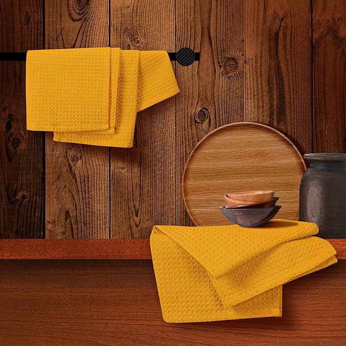 Mustard Yellow Waffle Kitchen Towels, 16x26 Inches, Absorbent, Soft, Durable, 100% Cotton, Fast Drying, Machine Washable, Reusable, Perfect for Cleaning, Multipurpose Towels, Set of 4