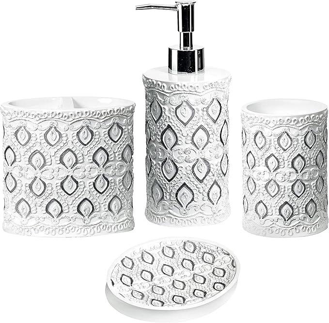 Zahari Home 4pc Monaco Stylish Bathroom Accessories Set Soap and Lotion Dispenser, Tumbler, Tooth Brush Holder and Soap Dish Modern Classic Luxury Contemporary Decor Unique Design Modern Bath Set