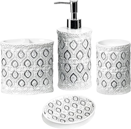 Zahari Home 4pc Monaco Stylish Bathroom Accessories Set Soap and Lotion Dispenser, Tumbler, Tooth Brush Holder and Soap Dish Modern Classic Luxury Contemporary Decor Unique Design Modern Bath Set
