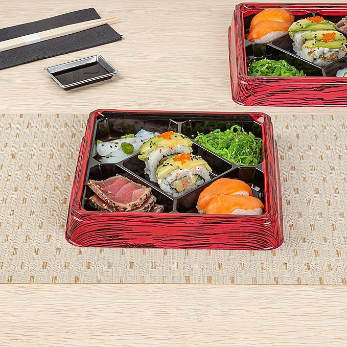 Restaurantware Bento Tek 18.6 Ounce Meal Prep Containers, 100 Disposable To Go Food Boxes - Lids Sold Separately, 5 Compartments, Red And Black Plastic Bento Lunch Boxes, Freezable, For Take Out