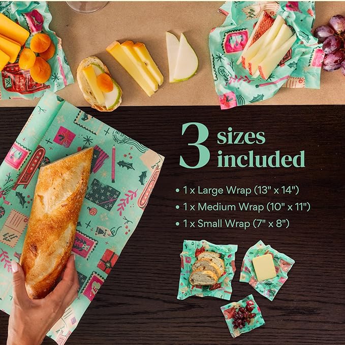 Bee's Wrap Beeswax Wraps for Food - Seasons Greetings 3 Pack (S, M, L) Made in USA Reusable & Organic Food Wraps, Sandwich Wrap & Bowl Covers - Eco-Friendly Alternative to Aluminum Foil & Plastic Wrap