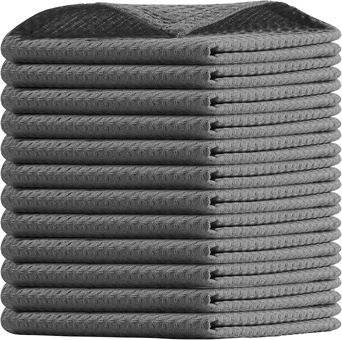 Grey Waffle Dishcloths, 12x12 Inch, Soft, Absorbent, 100% Cotton, Durable, Washable, and Quick Drying, Ideal for Kitchen Cleaning, Multipurpose Dish Towels, Set of 12