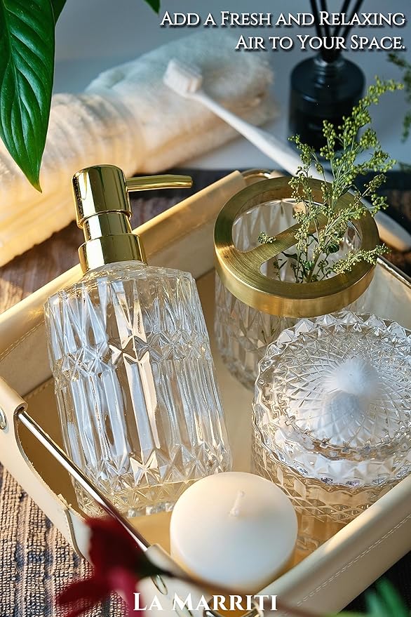 Glass Bathroom Accessories Set, 5pcs Crystal Clear Bathroom Accessories, Toothbrush Holder Set, Lotion Dispenser, Soap Dish, Tumbler, Qtips Holder, Vintage Bathroom Decor