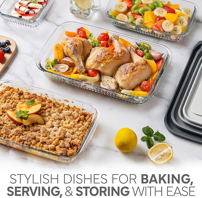 COOK WITH COLOR 8-Piece Deep Glass Baking Dish Set with Plastic Lids – Casserole and Food Storage Containers for Lasagna, Leftovers – Freezer-to-Oven, Microwave & Dishwasher Safe, Fluted Grey