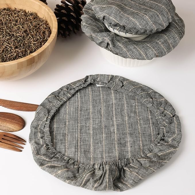 100% Linen Stripe Bowl Covers Reusable For Bread Proofing, 4 Pcs Elastic Cloth Fabric Bowl Covers, 5.9 * 7.9 * 9.8 * 11.8 Inches, Grey