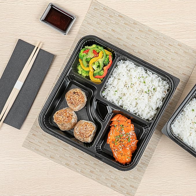 Restaurantware-Bento Tek 39.6 Ounce Meal Prep Containers, 50 Disposable To Go Food Boxes - Lids Sold Separately, 5 Compartments, Black Plastic Bento Lunch Boxes, Microwavable, Freezable