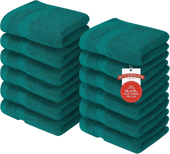 RIVERSIDE 12 Pack Premium 100% Cotton Face Washcloths, 550 GSM, 12 x 12 Inches, Soft, Absorbent Towels for Body & Shower, Bathroom Wash Clothes, Durable Face Towels Set for Spa, Gym, Teal