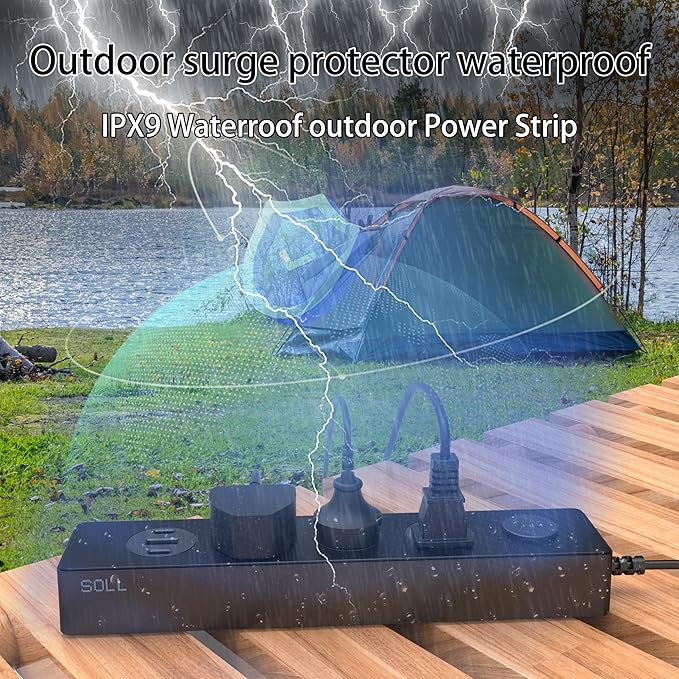SOLL IPX9 Outdoor Power Strip Weatherproof, Surge Protector Power Strip with 3 Outlet and 3 USB Charging Ports(2 USB C), 6FT Extension Cord for Patio, Garden, Bathroom, Kitchen, Garage, Office
