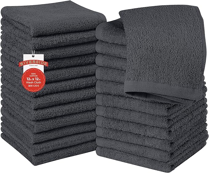 RIVERSIDE 24 Pack Washcloths Set - 100% Cotton [12x12 Inches] - Soft, Quick-Dry & Highly Absorbent Face Towels - Perfect for Bathroom, Gym, Hotel, Spa & Travel - Charcoal