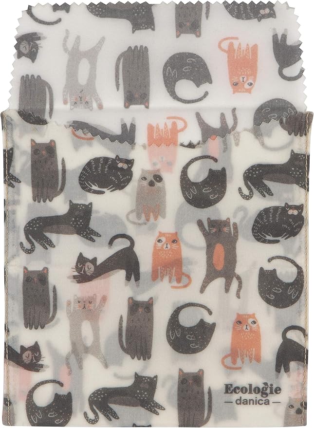 Ecologie by Danica Reusable Beeswax Sandwich Bag Cats, Reusable Food Storage Wrap, W6.5 x L6.5", Set of 2