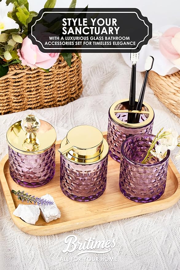 Purple Bathroom Accessories, 4Pcs Purple Bathroom Accessory Set Complete, Toothbrush Holder Set, Soap Dispenser, Qtip Holder, Tumbler, Perfect for Bathroom Decor and Vanit