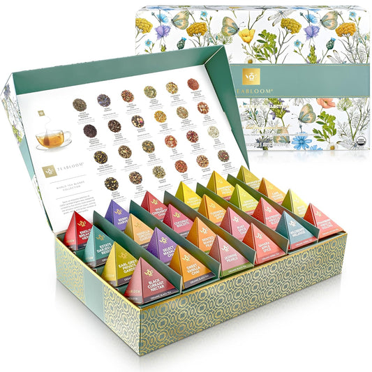 Teabloom - World's Finest Pyramid Tea Collection, 24 Varieties of USDA Certified Organic Teas - Black, Green, White, Oolong & Herbal Tea Blends