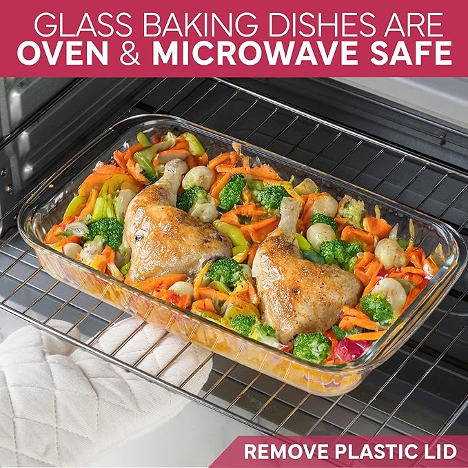 COOK WITH COLOR 8-Piece Deep Glass Baking Dish Set with Plastic Lids – Casserole and Food Storage Containers for Lasagna, Leftovers – Freezer-to-Oven, Microwave & Dishwasher Safe, Fluted Rose