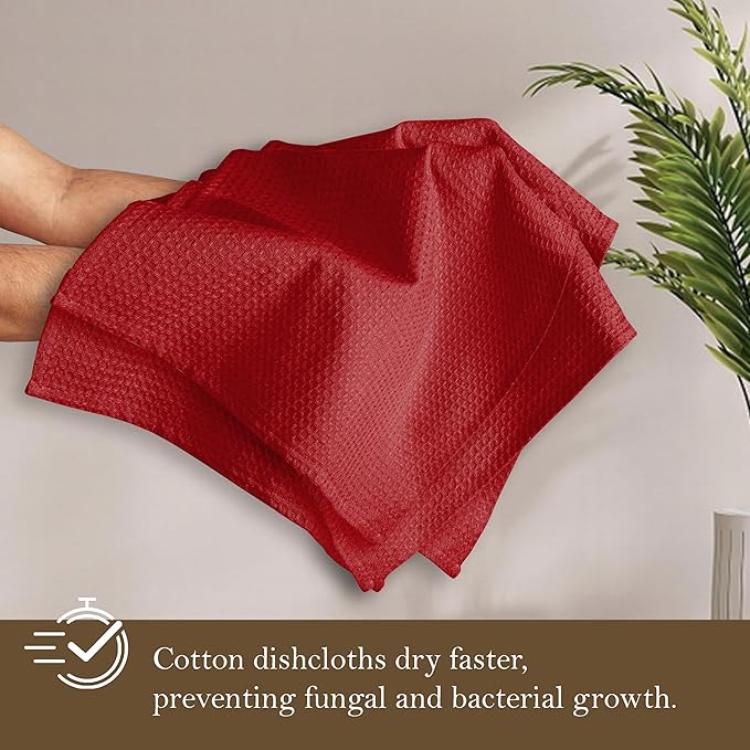 Red Waffle Dishcloths, 12x12 Inch, Absorbent, Soft, 100% Cotton, Quick Drying and Reusable, Machine Washable, Perfect for Kitchen Cleaning, Multipurpose Towel for Everyday Use, 12 Pack