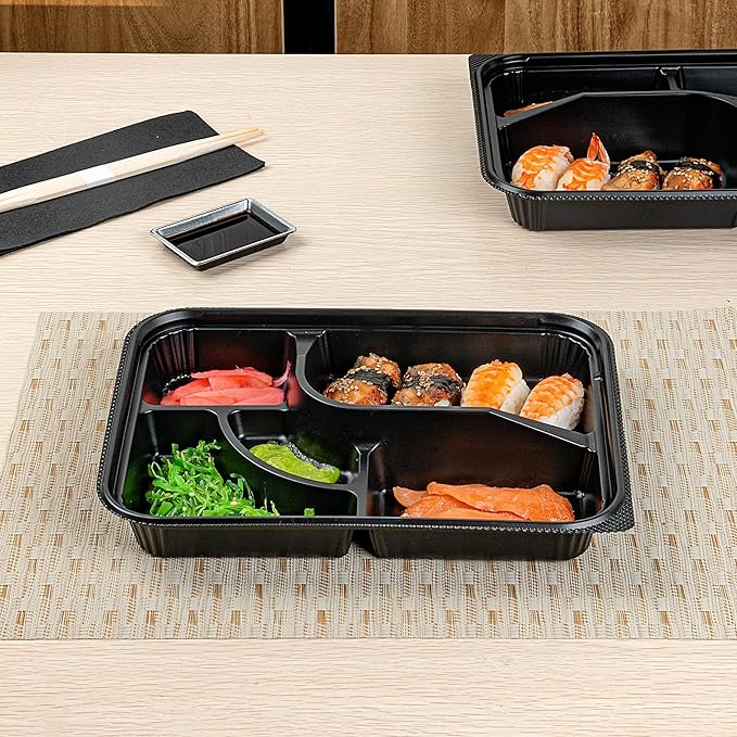 Restaurantware-Bento Tek 26.2 Ounce Meal Prep Containers, 100 Disposable To Go Food Boxes - Lids Sold Separately, 5 Compartments, Black Plastic Bento Lunch Boxes, Microwavable, Freezable