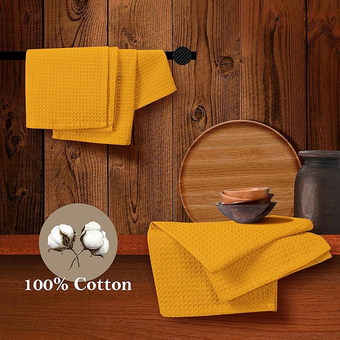 Mustard Yellow Waffle Dishcloths, 12"x12", Absorbent, Soft, Durable, 100% Cotton, Fast Drying, Machine Washable, Reusable, Perfect for Kitchen Cleaning, Multipurpose Towels, Set of 12