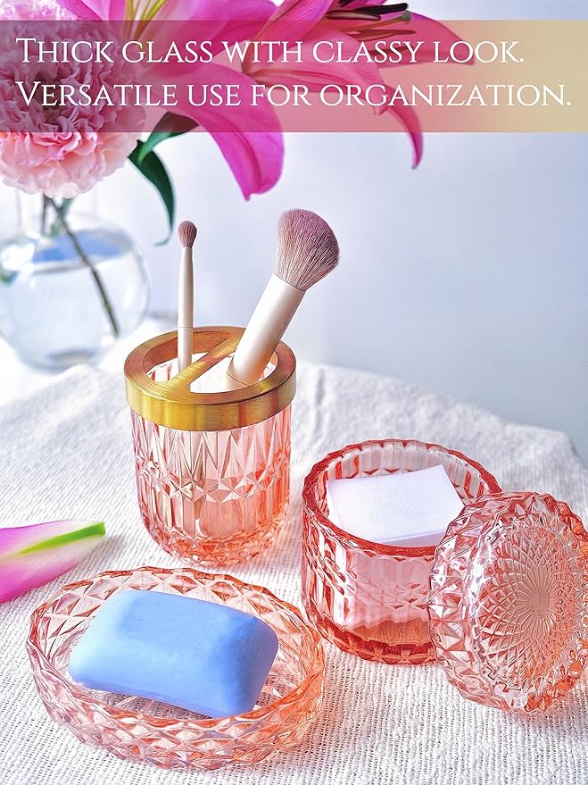 5pcs Clear Glass Bathroom Accessories Set, Crystal Pink Bath Decor with Soap Dispenser, Toothbrush Holder Set, Soap Dish, Tumbler, Qtips Holder, Modern Decor for Bathroom, Vintage Gift Set