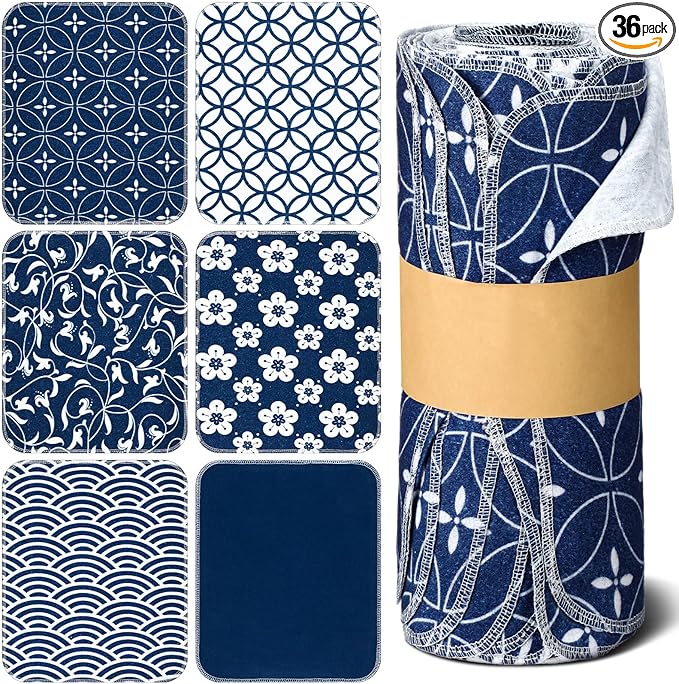 36 Count Reusable Cleaning Cloths Washable Cotton Kitchen Towels for Home(Japanese Style,Blue)