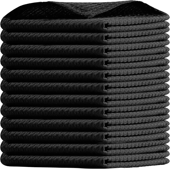 Black Waffle Dishcloths, 12x12 Inch, Absorbent, Soft, and Durable, Quick Drying, Reusable, Machine Washable, 100% Cotton, Perfect for Cleaning, Multipurpose Dish Towels, Set of 12
