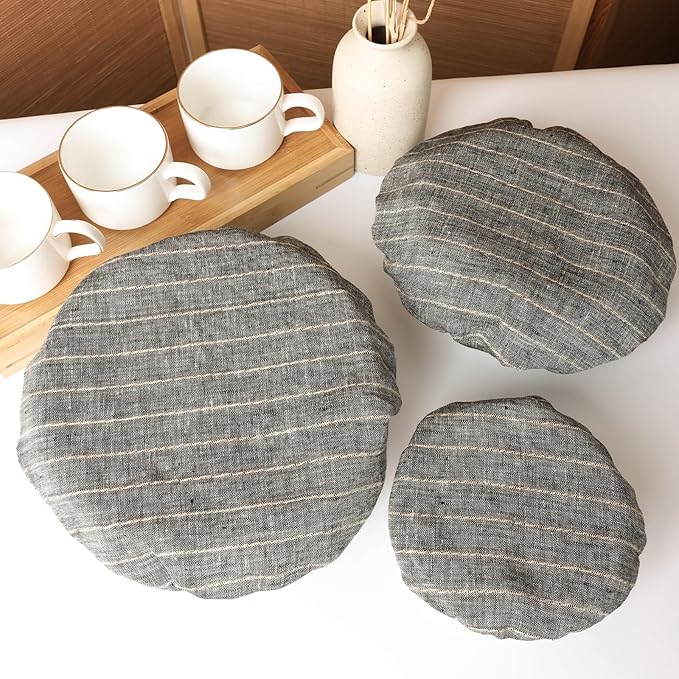100% Linen Stripe Bowl Covers Reusable For Bread Proofing, 4 Pcs Elastic Cloth Fabric Bowl Covers, 5.9 * 7.9 * 9.8 * 11.8 Inches, Grey
