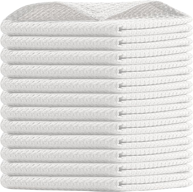 White Waffle Dishcloths, 12"x12", 100% Cotton, Soft, Absorbent, Durable, Quick Drying, Reusable, and Machine Washable, Ideal for Drying Dishes, Cleaning, Multipurpose Towels, Set of 12