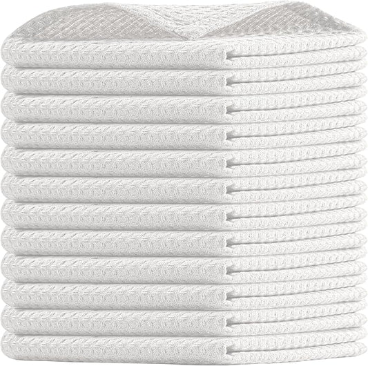 White Waffle Dishcloths, 12"x12", 100% Cotton, Soft, Absorbent, Durable, Quick Drying, Reusable, and Machine Washable, Ideal for Drying Dishes, Cleaning, Multipurpose Towels, Set of 12