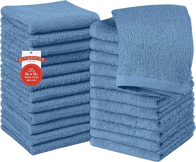 RIVERSIDE 24 Pack Washcloths Set - 100% Cotton [12x12 Inches] - Soft, Quick-Dry & Highly Absorbent Face Towels - Perfect for Bathroom, Gym, Hotel, Spa & Travel - Medium Blue