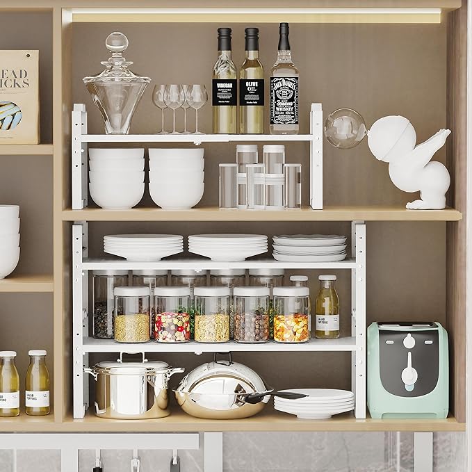 Expandable Shelf for Cabinet Organizer Adjustable Stackable Spice Rack at Kitchen and Bathroom More, Counter Countertop Cupboard Organization Pantry Storage (1 Pack/White, Large)