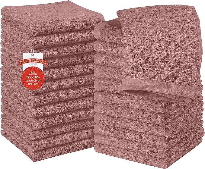 RIVERSIDE 24 Pack Washcloths Set - 100% Cotton [12x12 Inches] - Soft, Quick-Dry & Highly Absorbent Face Towels - Perfect for Bathroom, Gym, Hotel, Spa & Travel - Dusty Rose