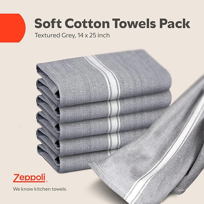 Zeppoli Classic Kitchen Towels - 30 Pack 100% Natural Cotton Towel Set, Reusable Wash Cloths, Absorbent Dish Towels, Machine Washable Hand Towels, Kitchen Essentials - 14” by 25” - Gray Base